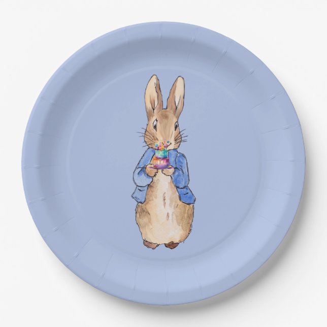 Peter the Rabbit holding a birthday cake Paper Plates (Front)