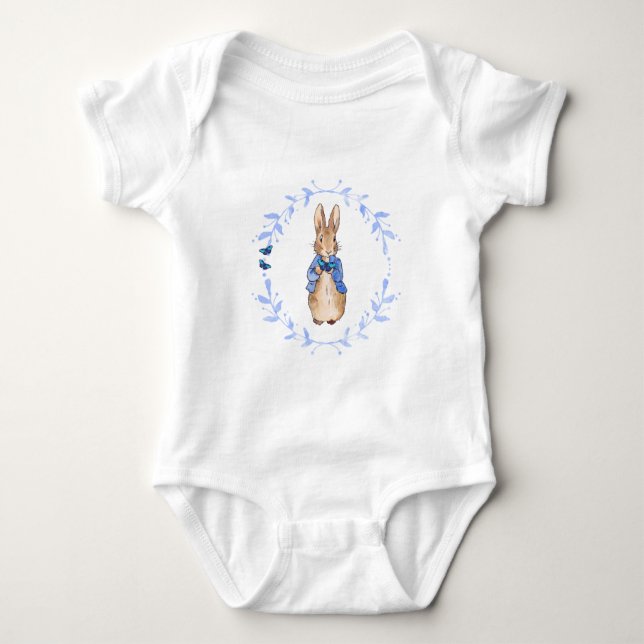 Peter the Rabbit Holding a Blue Butterfly   Baby Bodysuit (Front)