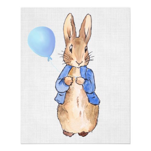 Peter the Rabbit holding blue balloon gray linen Photo Print