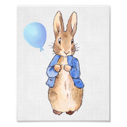 Peter the Rabbit holding blue balloon gray linen Photo Print