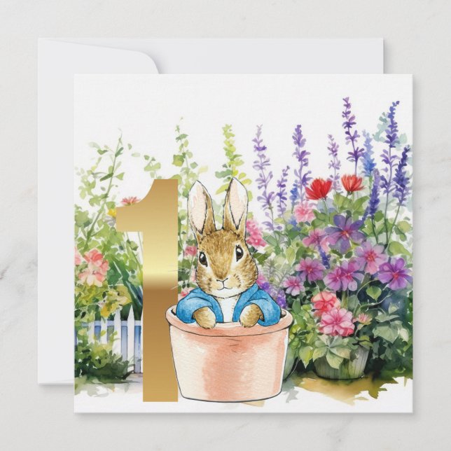 Peter the Rabbit in a pot first birthday Invitation (Front)
