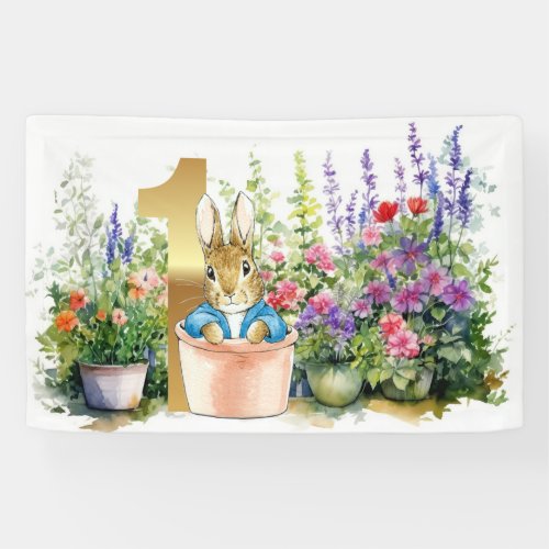 Peter the Rabbit in garden First birthday Banner