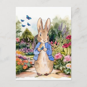Peter the rabbit in garden with blue butterflies postcard