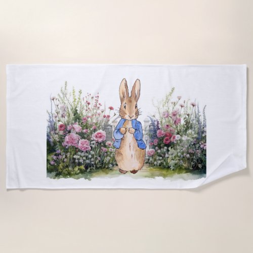 Peter the rabbit in his flower garden beach towel