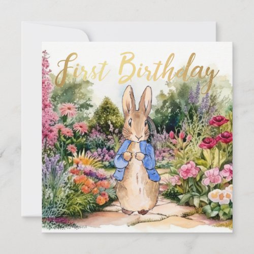 Peter the Rabbit in his garden 1st Birthday Invitation