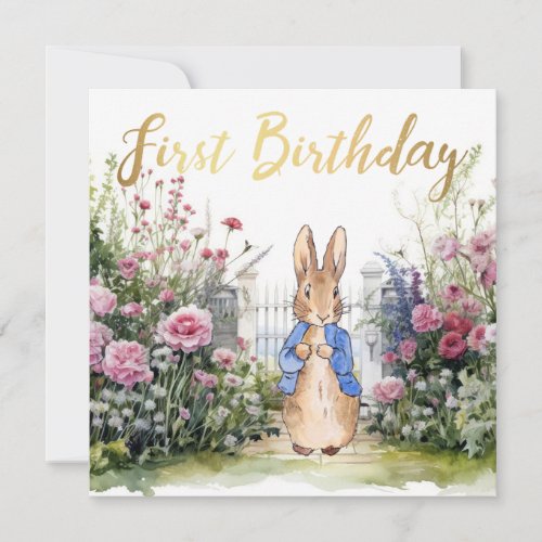 Peter the Rabbit in his garden No 2 First Birthday Card