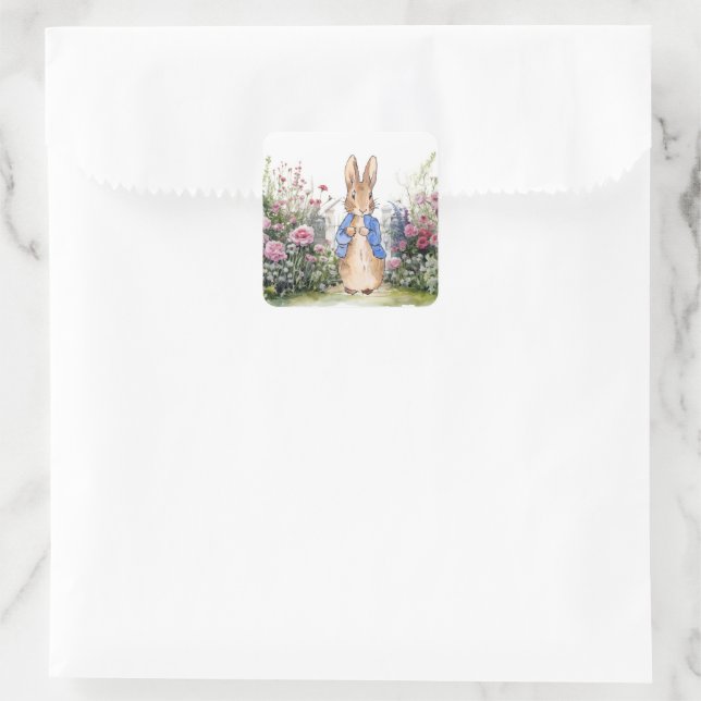 Peter the Rabbit in his garden No 2 Square Sticker (Bag)
