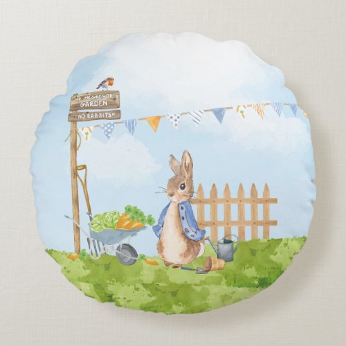 Peter the Rabbit in his Garden Round Pillow