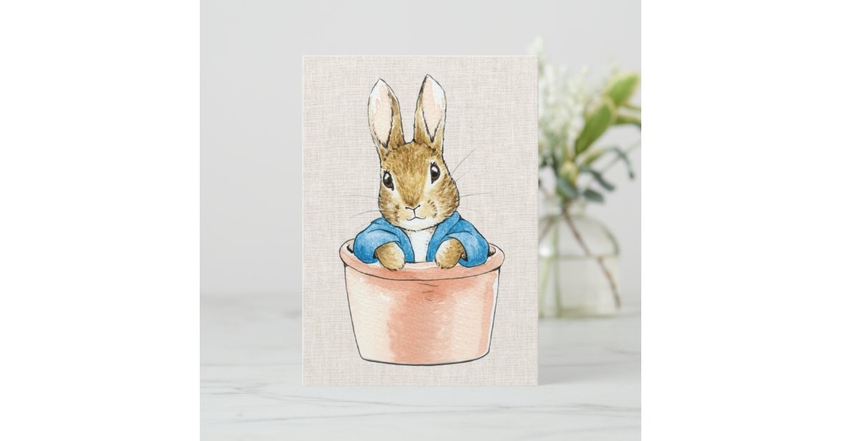 Peter the Rabbit in plant pot beige linen texture Invitation | Zazzle