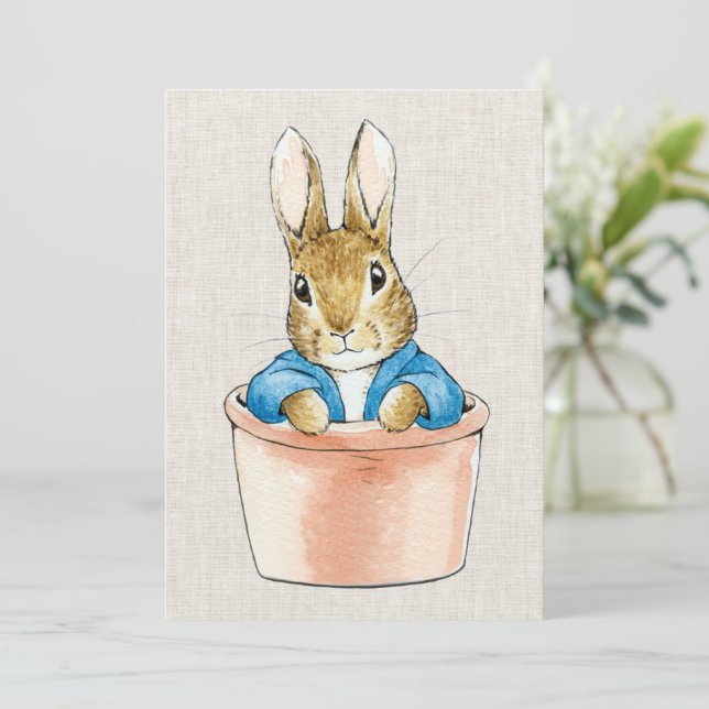Peter the Rabbit in plant pot beige linen texture Invitation (Standing Front)