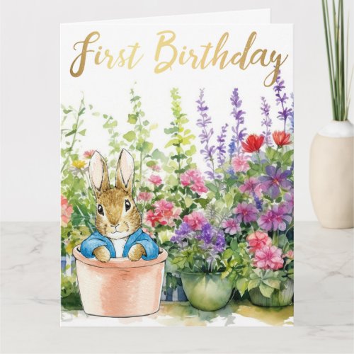 Peter the Rabbit in pot plant in his garden  Card