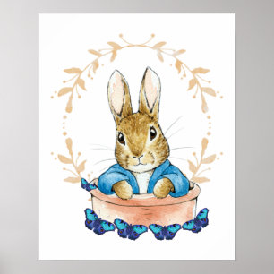 Peter the Rabbit in Pot with Blue Butterflies Poster