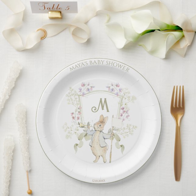 Peter the Rabbit Monogram Crest Gender Baby Shower Paper Plates (Wedding)