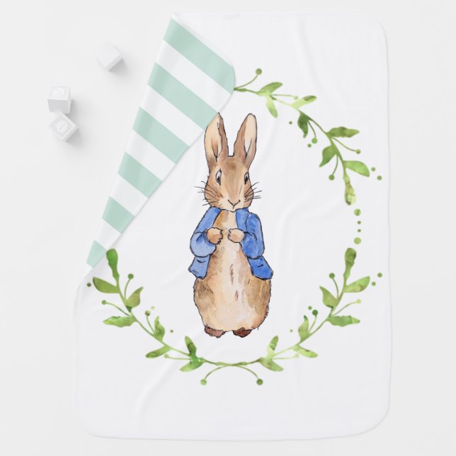 Peter the Rabbit Pastel Green Stripe on Reverse Baby Blanket (In Situ)