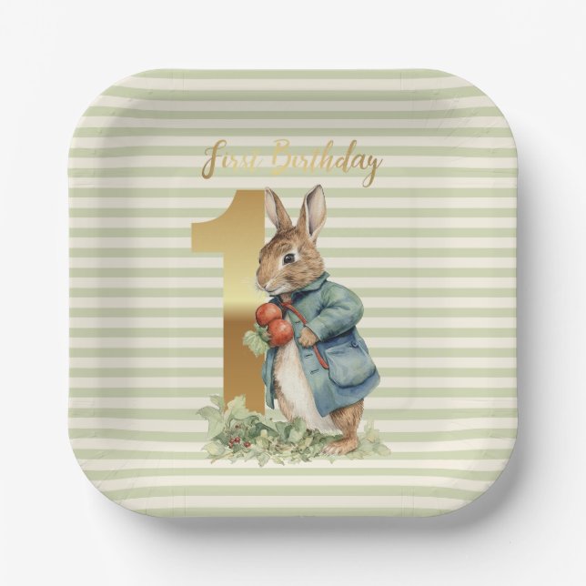 Peter the Rabbit picking vegetables First Birthday Paper Plates (Front)
