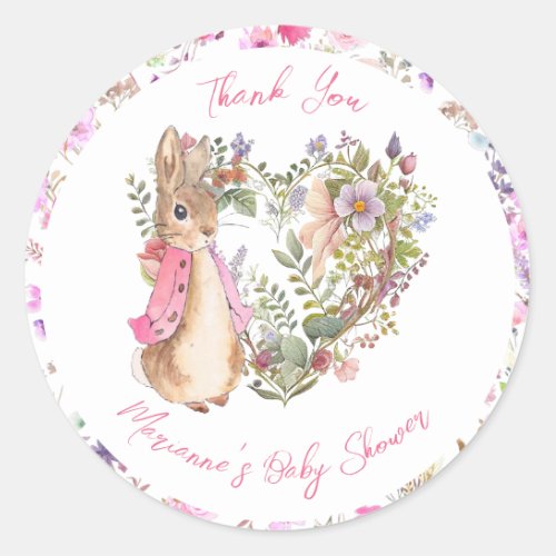 Peter the Rabbit Pink Floral Girl Baby Shower Classic Round Sticker