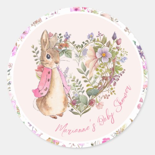 Peter the Rabbit Pink Floral Girl Baby Shower  Classic Round Sticker