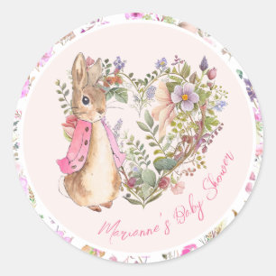 Peter the Rabbit Pink Floral Girl Baby Shower Classic Round Sticker