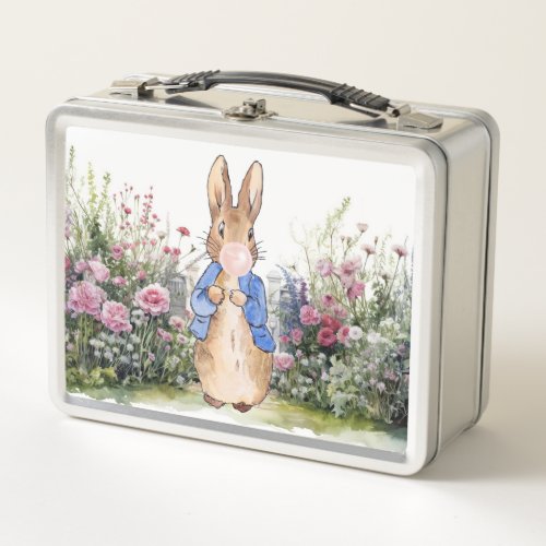 Peter the Rabbit pink gum in his garden Metal Lunch Box