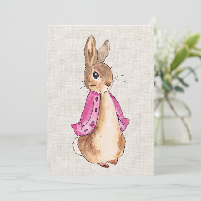 Peter the Rabbit pink jacket beige linen texture Invitation (Standing Front)