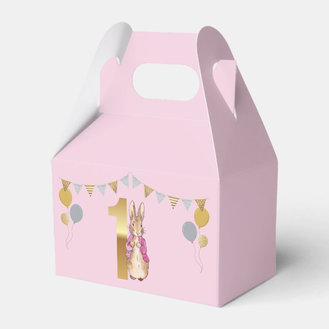Peter the Rabbit Pink Jacket First Birthday Favor Boxes (Front Side)