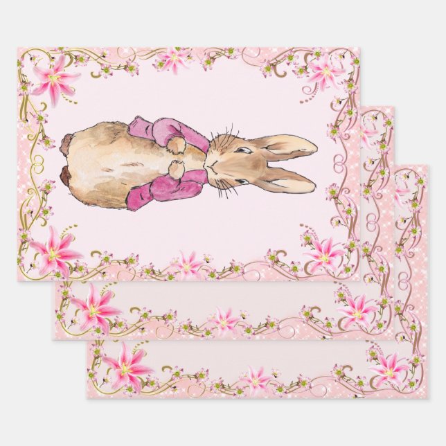 Peter the Rabbit Pink jacket Floral Frame Wrapping Paper Sheets (Set)