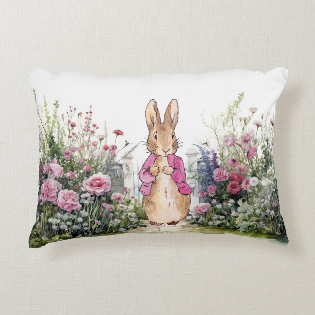 Peter the Rabbit Pink Jacket in his Garden Accent Pillow (Front)