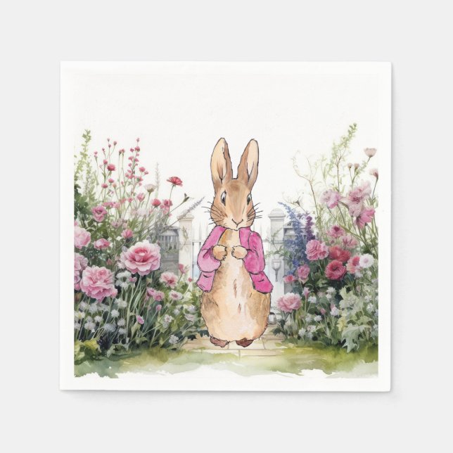 Peter the Rabbit Pink Jacket in his Garden Napkins (Front)