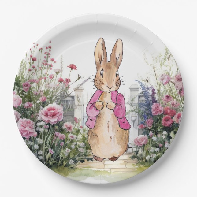 Peter the Rabbit Pink Jacket in his garden  Paper Plates (Front)