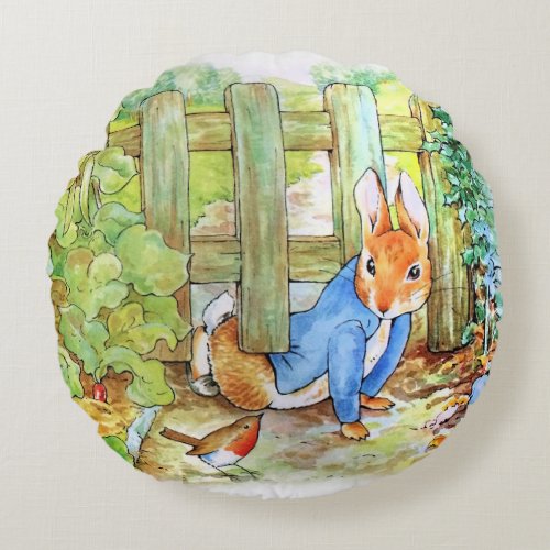 Peter the Rabbit Sneaking into Mc Gregors Vegie G Round Pillow