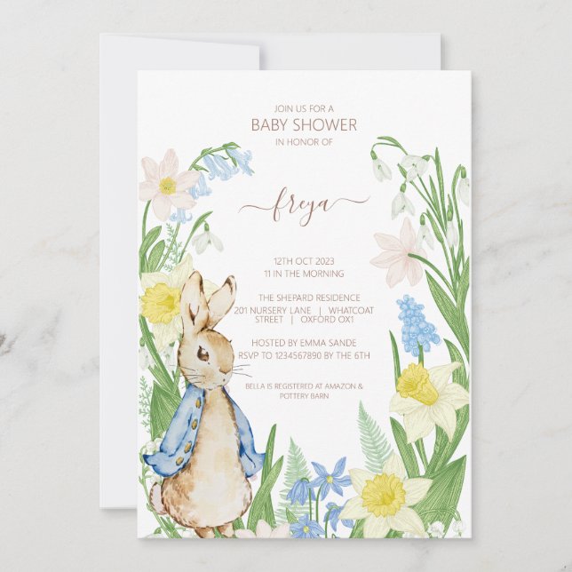 Peter the Rabbit Spring Blooms Blue Baby Shower Invitation (Front)