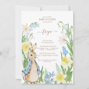 Peter the Rabbit Spring Blooms Blue Baby Shower Invitation