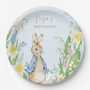 Peter the Rabbit Spring Blooms Blue Baby Shower Paper Plates