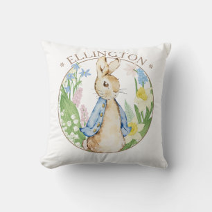 Peter the Rabbit Spring Blooms Blue Baby Shower Throw Pillow