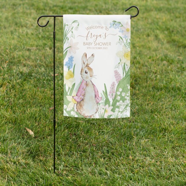 Peter the Rabbit Spring Blooms Pink Baby Shower Garden Flag (In SItu)