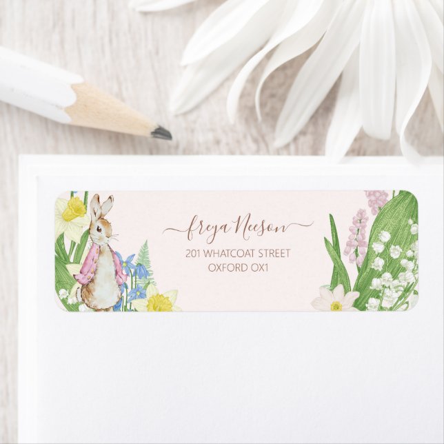 Peter the Rabbit Spring Blooms Pink Baby Shower Label (Insitu)