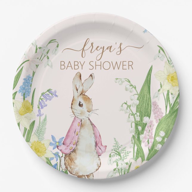 Peter the Rabbit Spring Blooms Pink Baby Shower Paper Plates (Front)