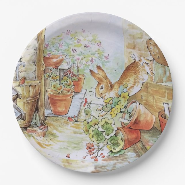 Peter the rabbit tumbling in garden shed 	 paper plates (Front)
