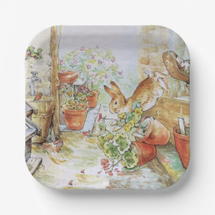 Peter the rabbit tumbling in garden shed 	 paper plates