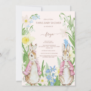 Peter the Rabbit Twins Blooms Pink Baby Shower Invitation