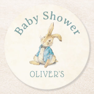 Peter The Rabbit Vintage Blue Baby Shower Round Paper Coaster