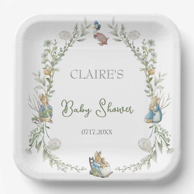 Peter the Rabbit Wildflower Watercolor Baby Shower Paper Plates (Front)