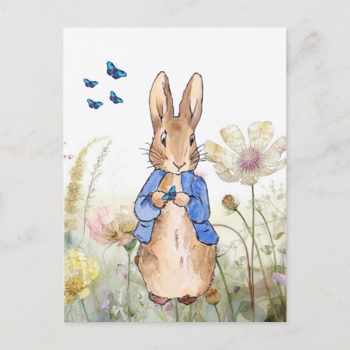 Peter the rabbit wildflowers and blue butterflies postcard