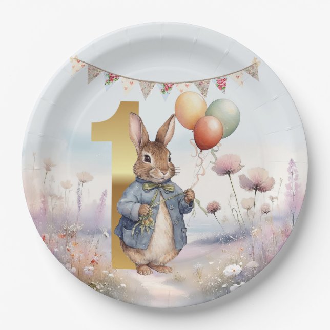 Peter the rabbit with balloons First birthday Paper Plates (Front)