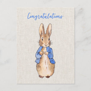 Peter the rabbit with beige linen background postcard
