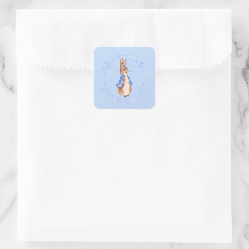 Peter the Rabbit with Blue Leafy Wreath   Square Sticker