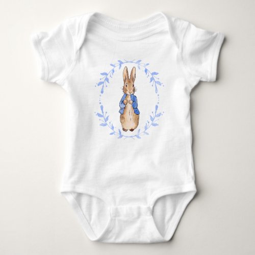 Peter the rabbit with blue leafy wreath T_Shirt Baby Bodysuit