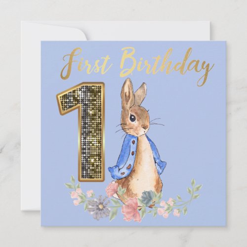 Peter the Rabbit with Gold First Birthday Text Invitation