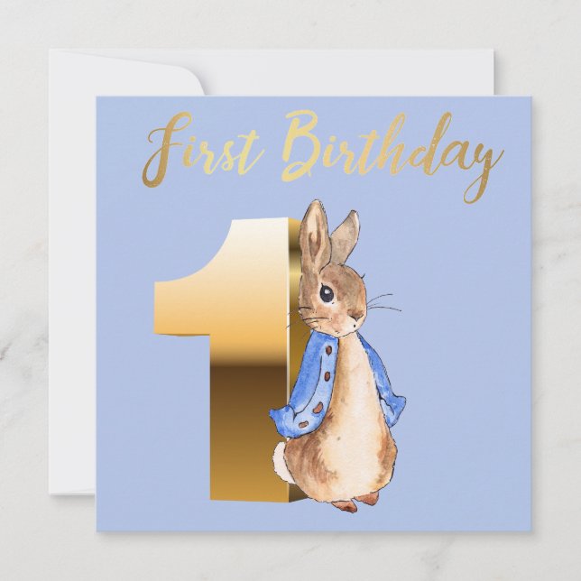 Peter the Rabbit with Gold First Birthday Text Invitation (Front)