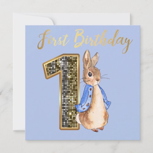 Peter the Rabbit with Gold First Birthday Text Invitation